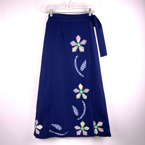 Vintage Wrap Long Skirt Blue White Patchwork Floral Gingham Plaid Women's Medium - Picture 2 of 13